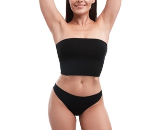 Photo of Fit woman with perfect body on white background, closeup