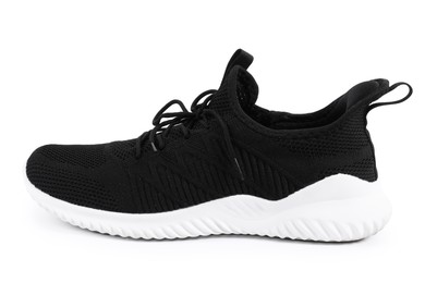 Photo of One stylish black sneaker on white background