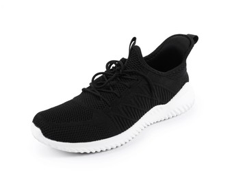 Photo of One stylish black sneaker on white background