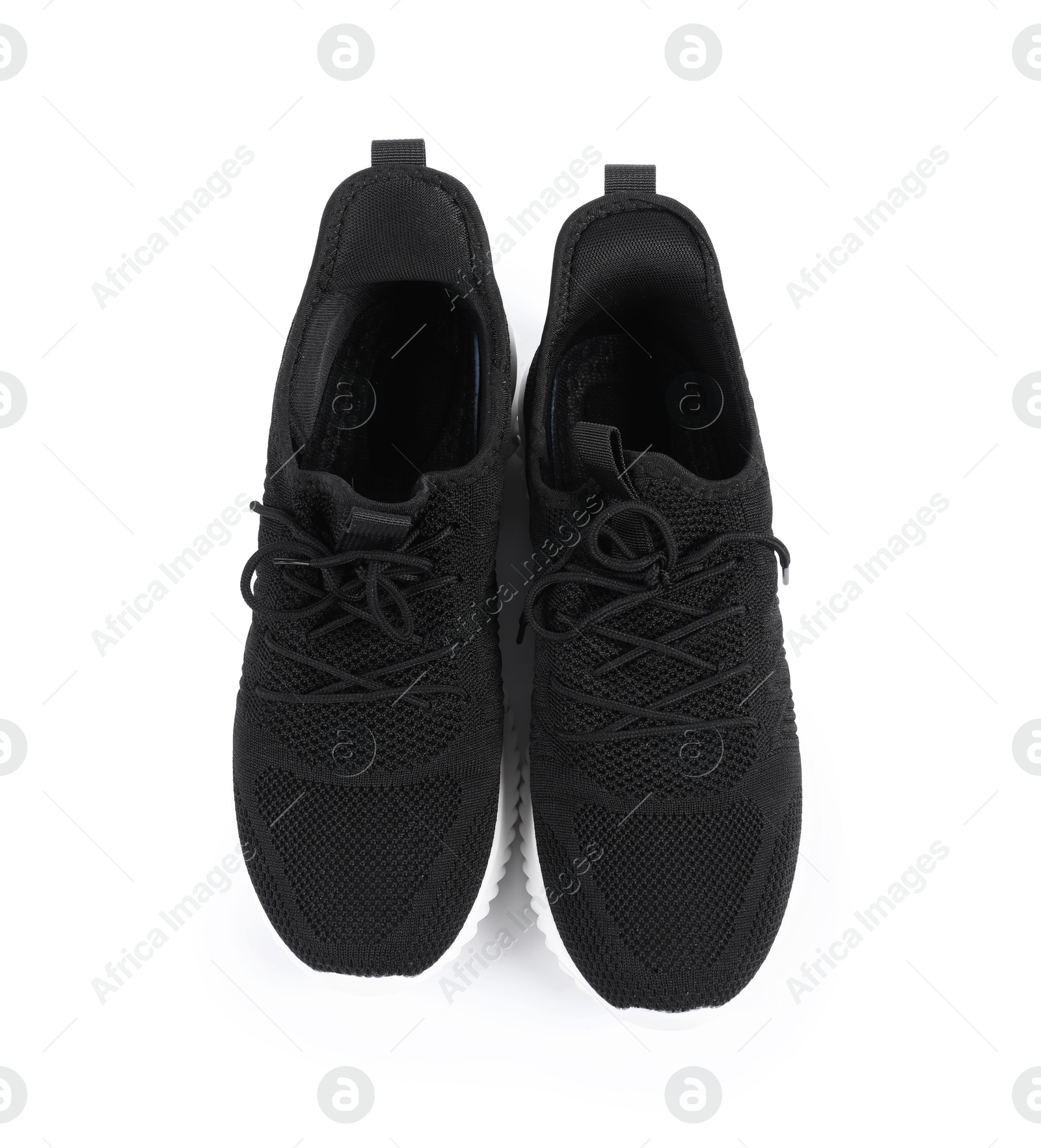 Photo of Pair of stylish black sneakers on white background, top view