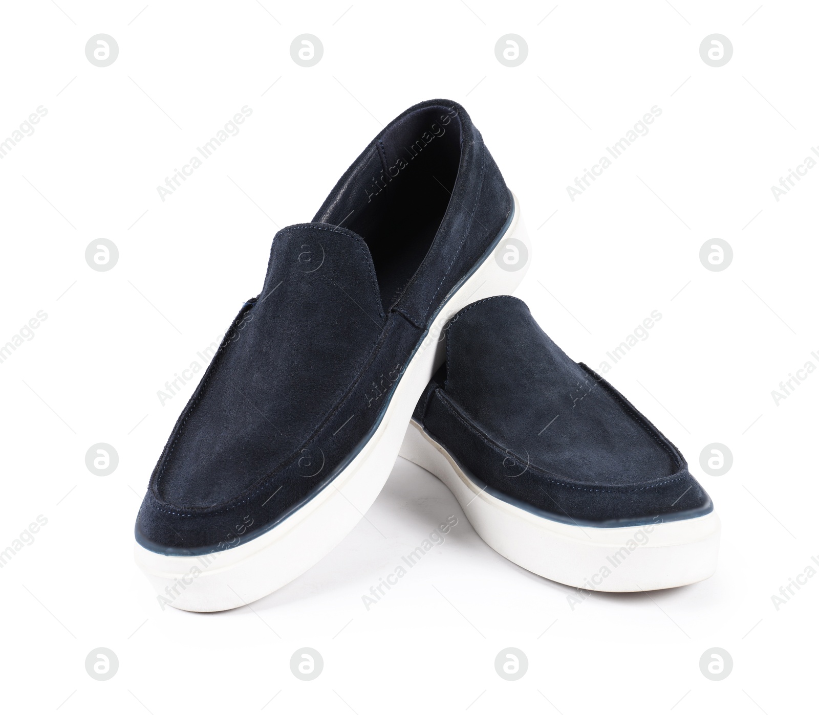 Photo of Pair of stylish dark blue shoes on white background
