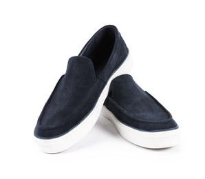 Photo of Pair of stylish dark blue shoes on white background