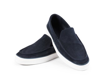 Photo of Pair of stylish dark blue shoes on white background