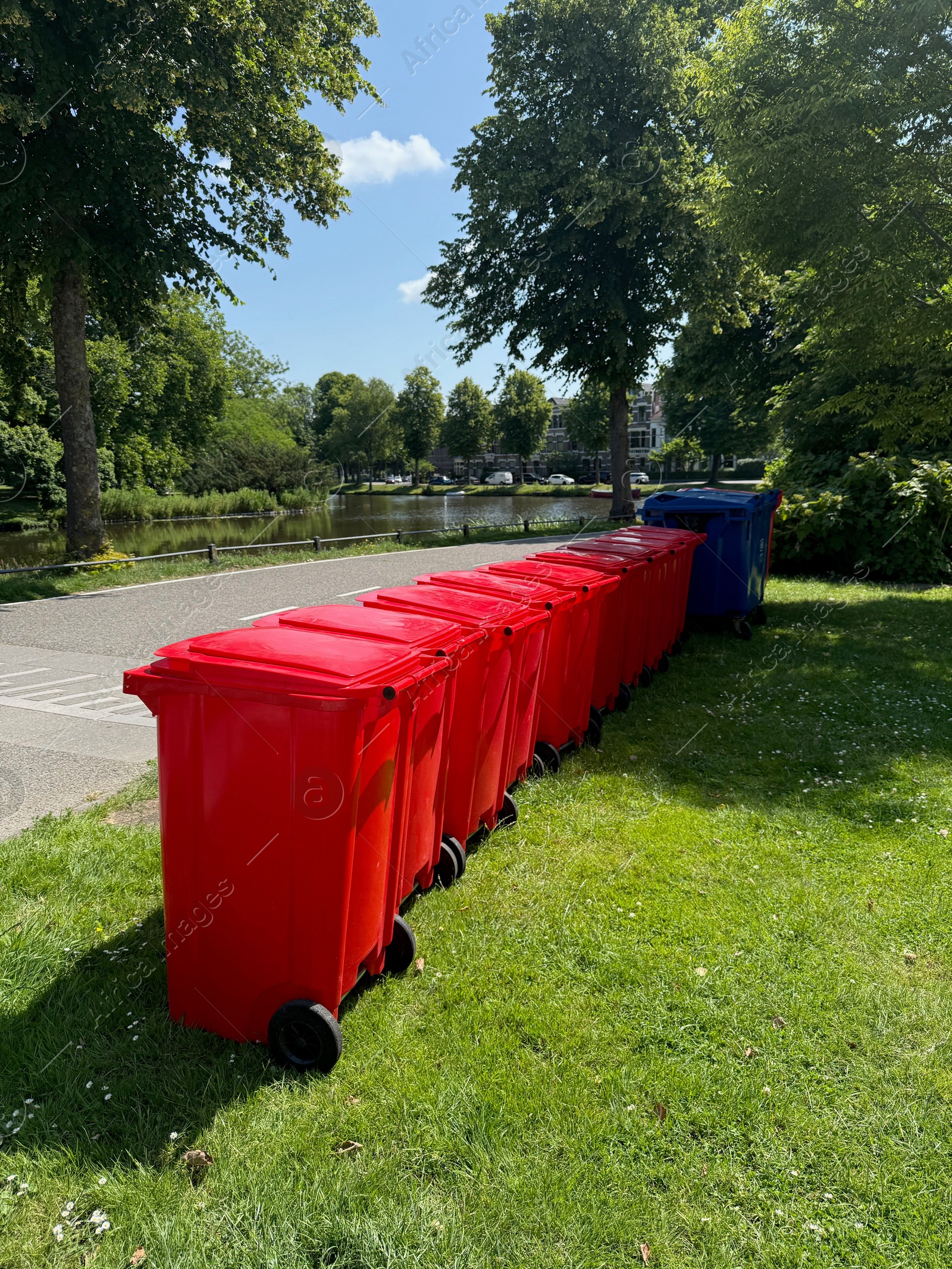 Photo of Many color trash bins on green grass in park