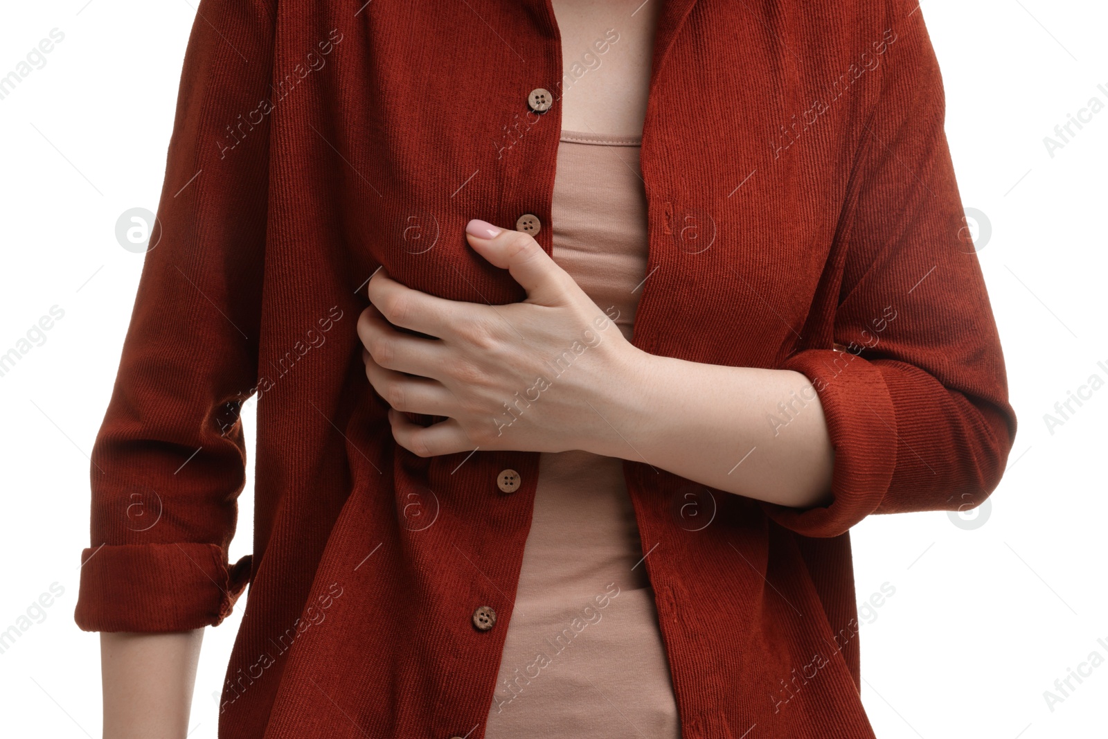 Photo of Woman suffering from chest pain on white background, closeup