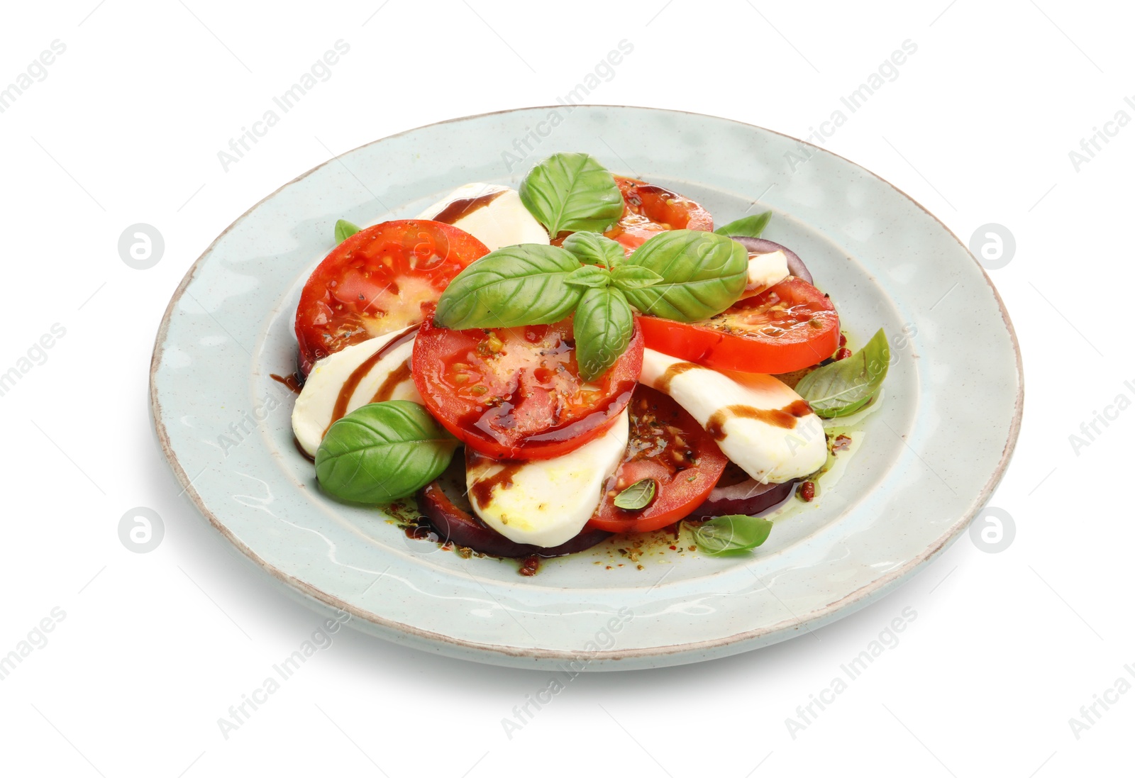 Tasty salad Caprese with mozzarella, tomatoes, basil and spices isolated on white Photo of Tasty salad Caprese with mozzarella, tomatoes, basil and spices isolated on white