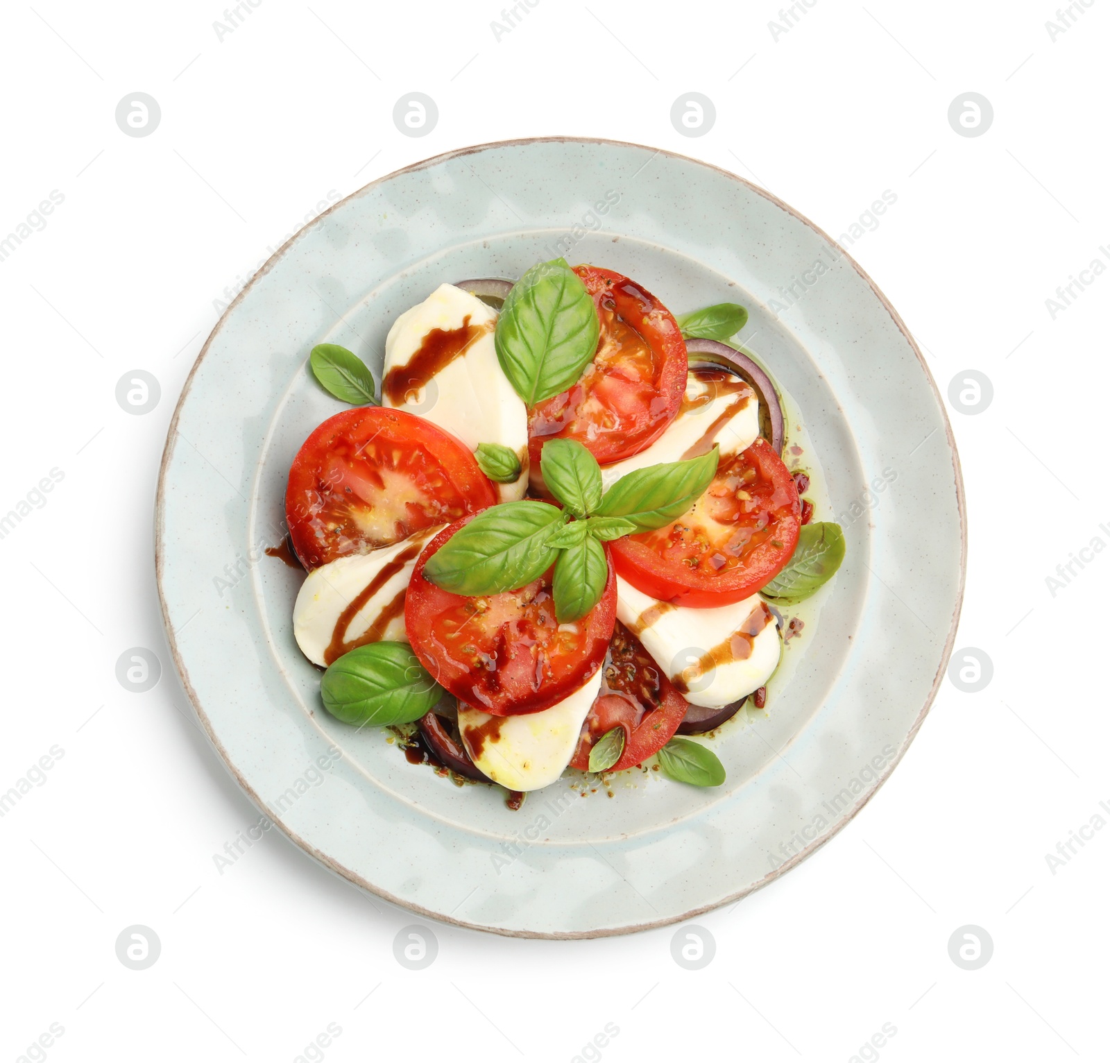 Tasty salad Caprese with mozzarella, tomatoes, basil and spices isolated on white, top view Photo of Tasty salad Caprese with mozzarella, tomatoes, basil and spices isolated on white, top view