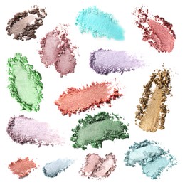 Image of Crushed eyeshadow of different colors on white background, set. Palette of makeup product