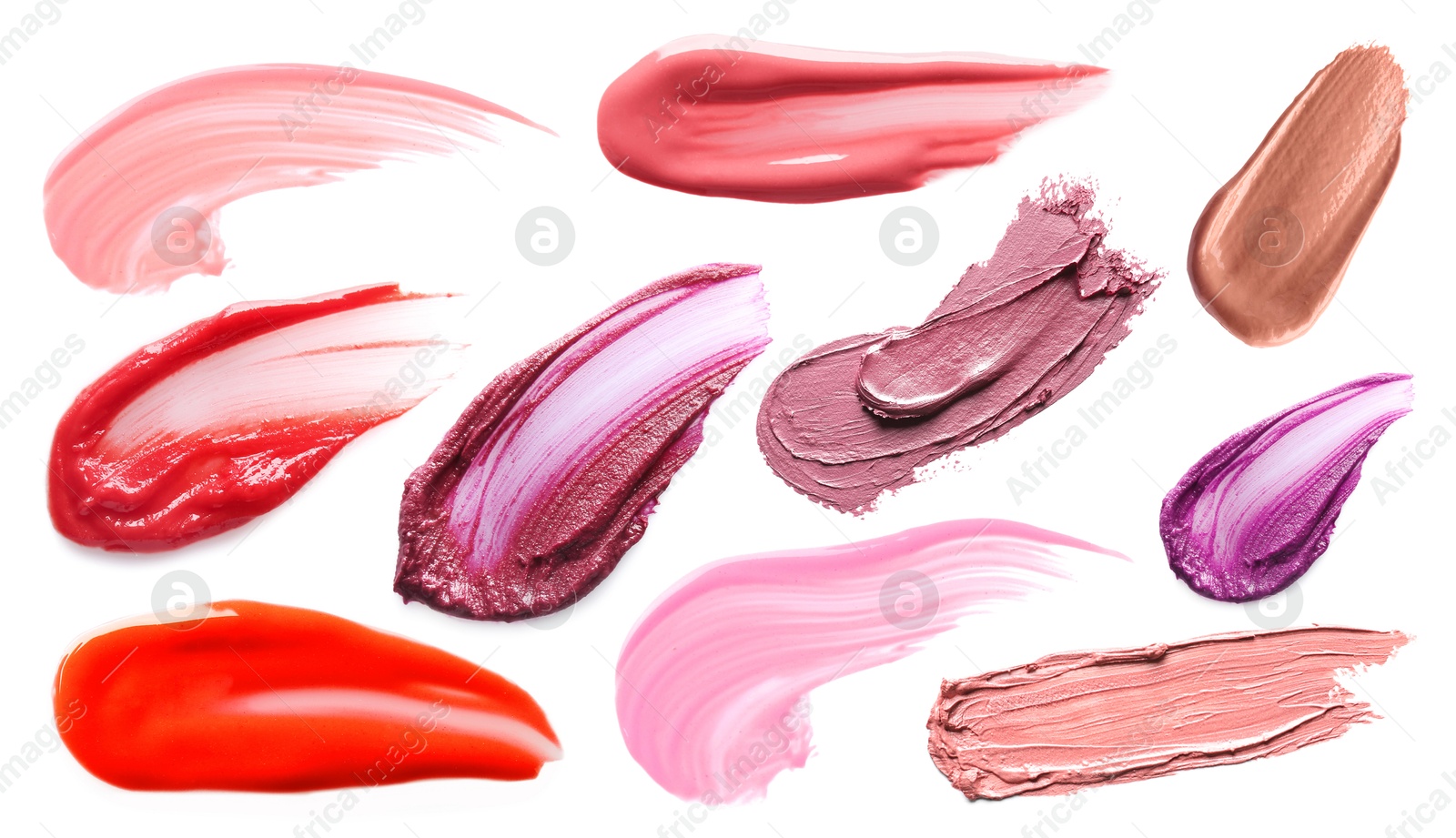 Lip cosmetics in different shades on white background, set. Palette of products Image of Lip cosmetics in different shades on white background, set. Palette of products