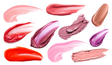 Image of Lip cosmetics in different shades on white background, set. Palette of products