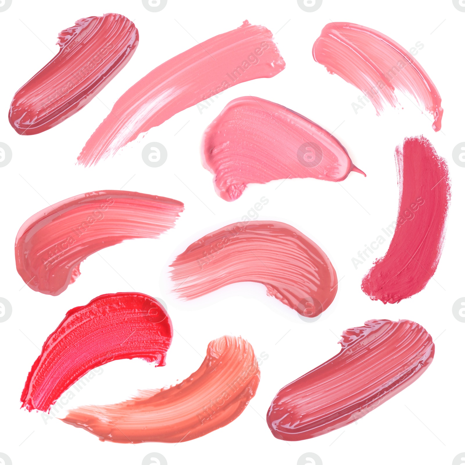 Lip cosmetics in different shades on white background, set. Palette of products Image of Lip cosmetics in different shades on white background, set. Palette of products