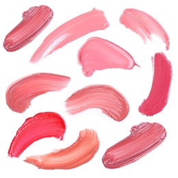 Image of Lip cosmetics in different shades on white background, set. Palette of products