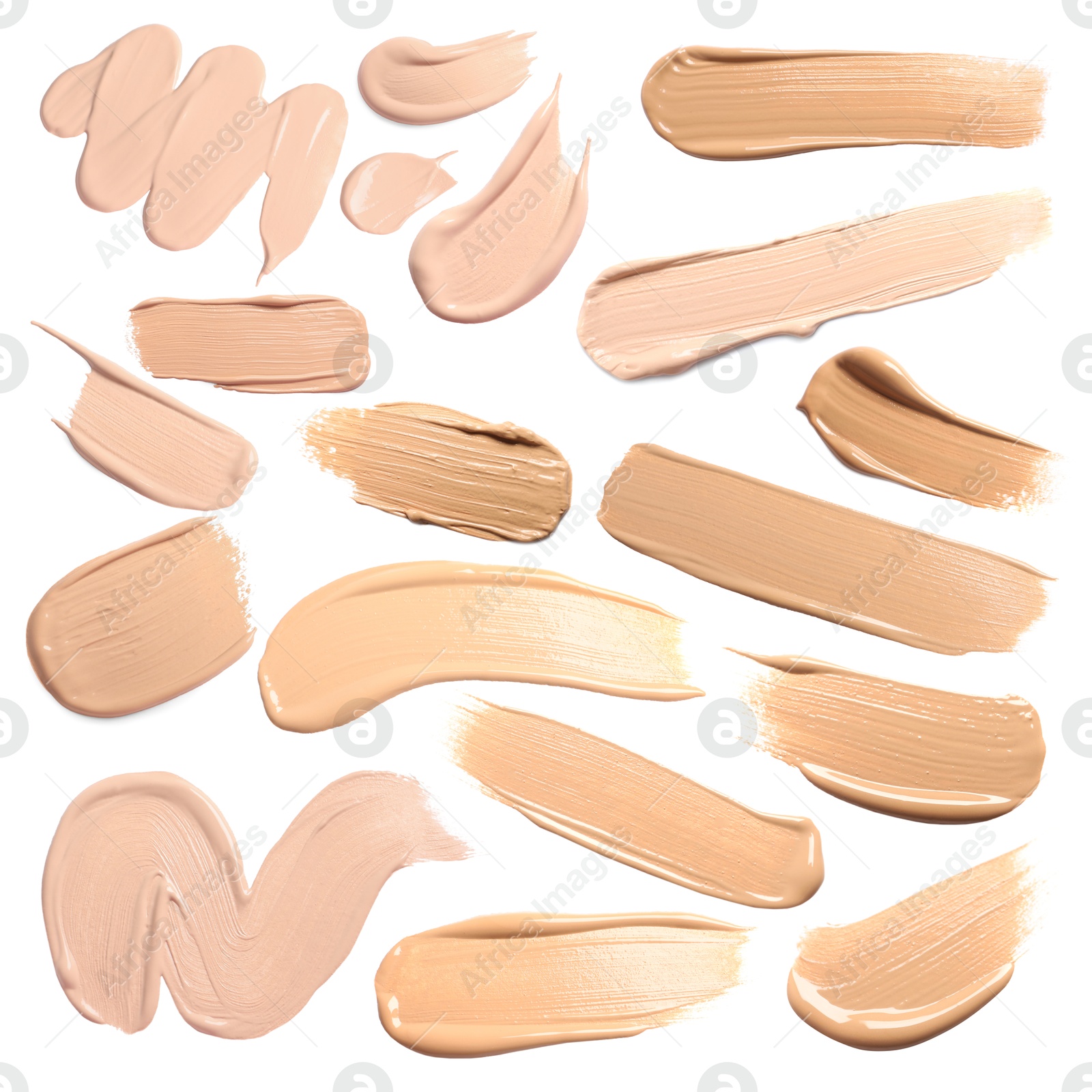 Skin foundation in different shades on white background, set. Palette of cosmetic product Image of Skin foundation in different shades on white background, set. Palette of cosmetic product
