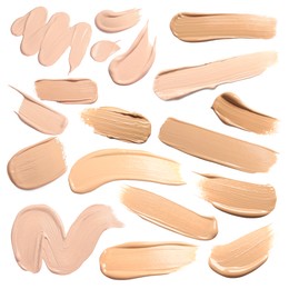Image of Skin foundation in different shades on white background, set. Palette of cosmetic product