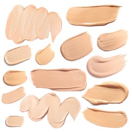 Image of Skin foundation in different shades on white background, set. Palette of cosmetic product