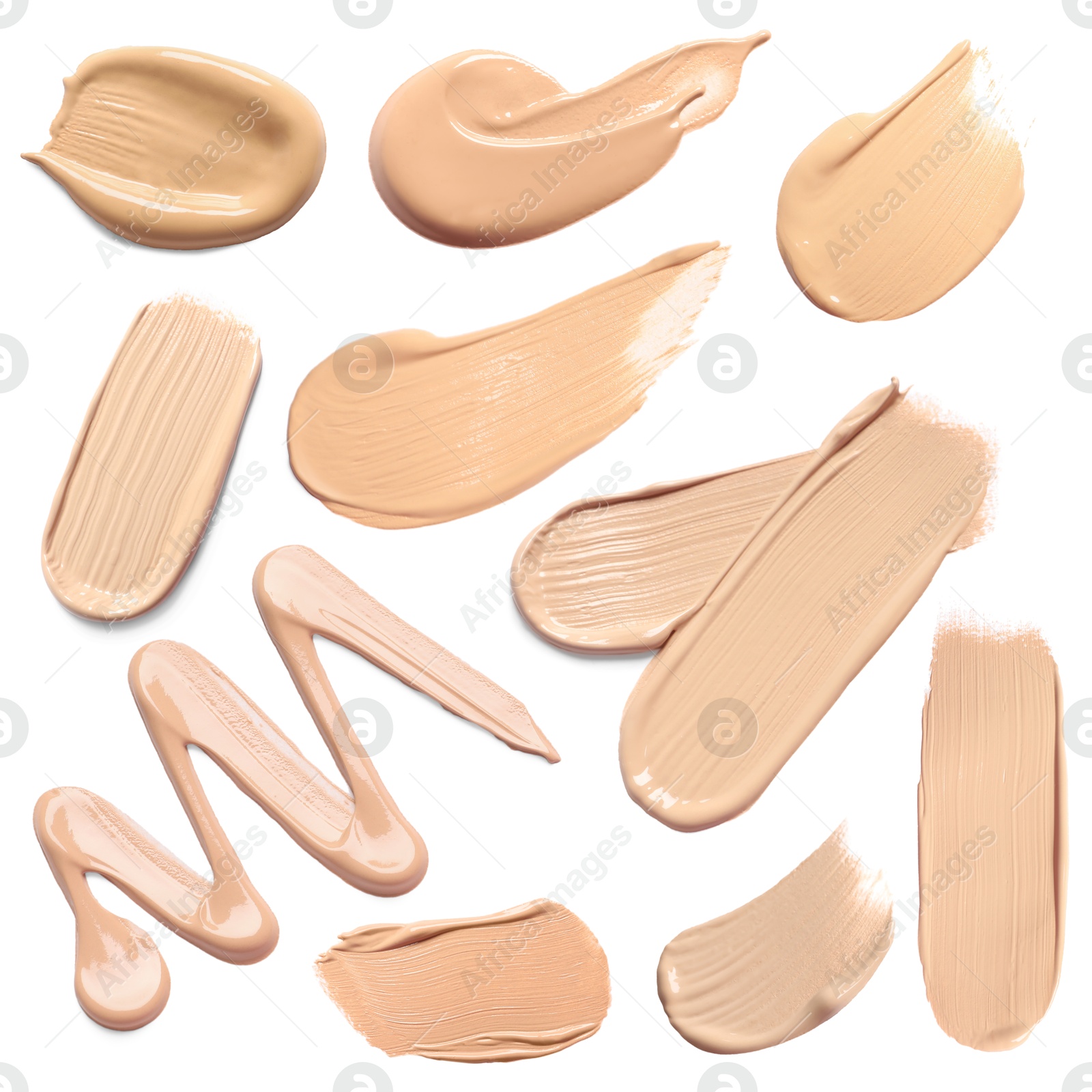 Image of Skin foundation in different shades on white background, set. Palette of cosmetic product