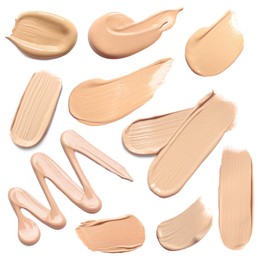 Image of Skin foundation in different shades on white background, set. Palette of cosmetic product