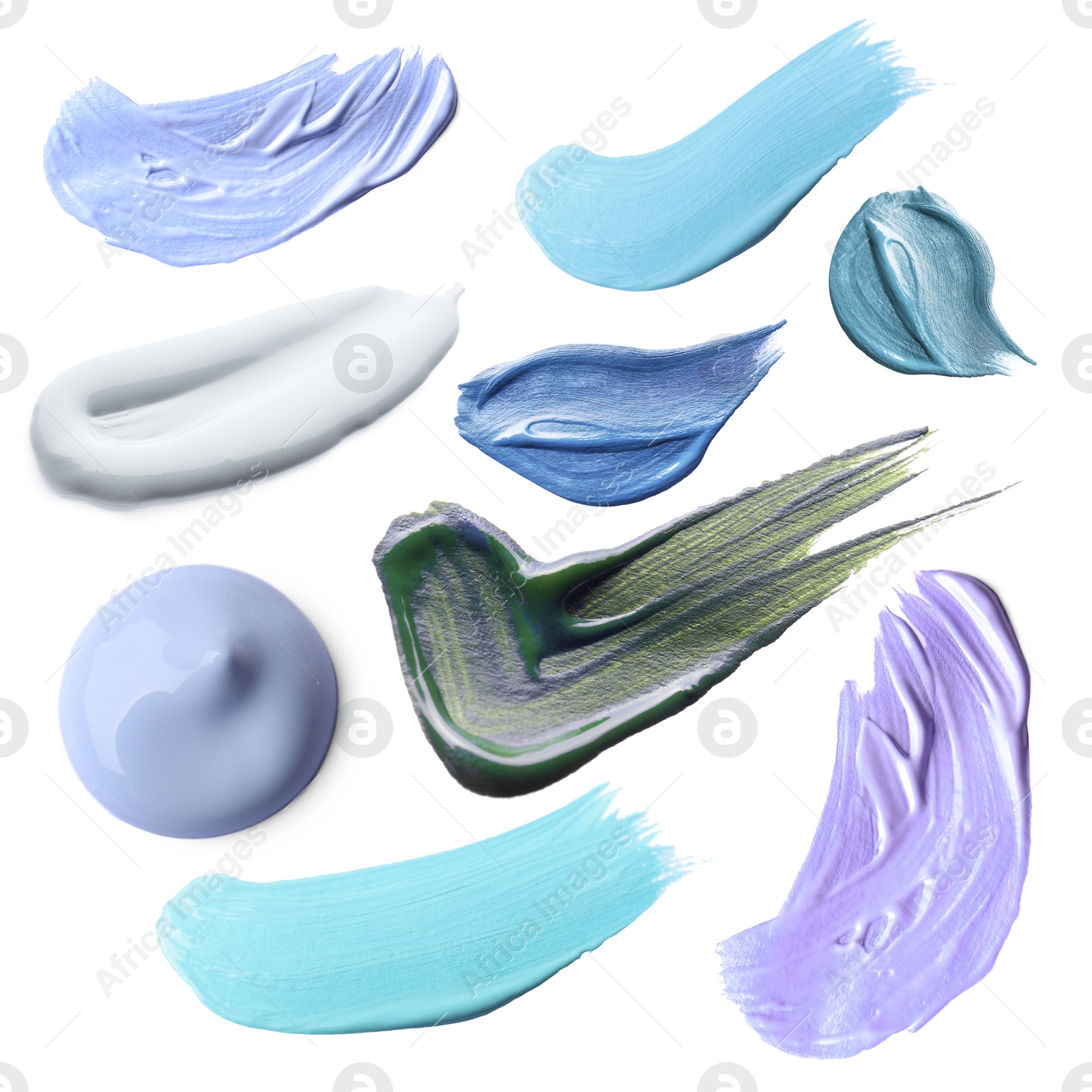 Image of Cosmetics in different shades on white background, set. Palette of products