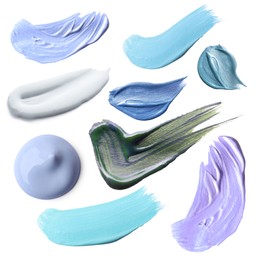 Image of Cosmetics in different shades on white background, set. Palette of products