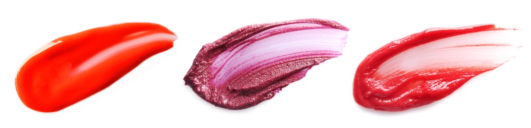 Image of Lip cosmetics in different shades on white background, set. Palette of products