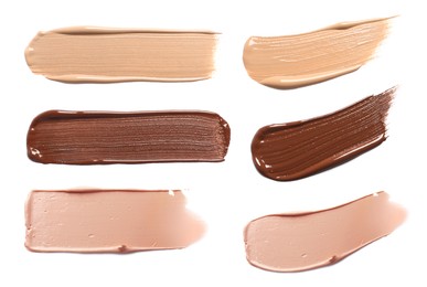 Image of Skin foundation in different shades on white background, set. Palette of cosmetic product