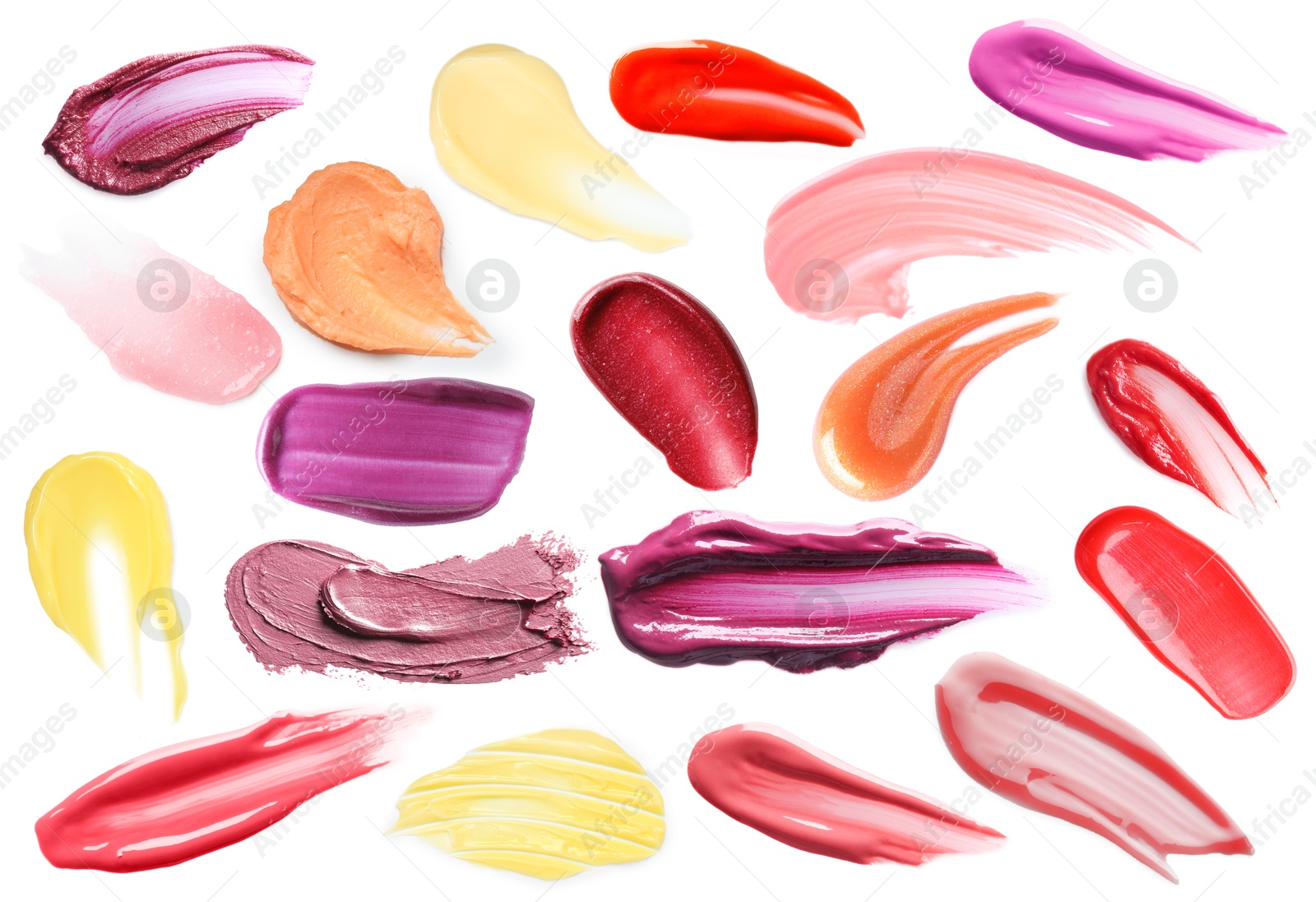 Lip cosmetics in different shades on white background, set. Palette of products Image of Lip cosmetics in different shades on white background, set. Palette of products
