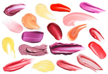 Image of Lip cosmetics in different shades on white background, set. Palette of products