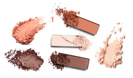 Image of Eyeshadow in different colors on white background, set. Palette of cosmetic product