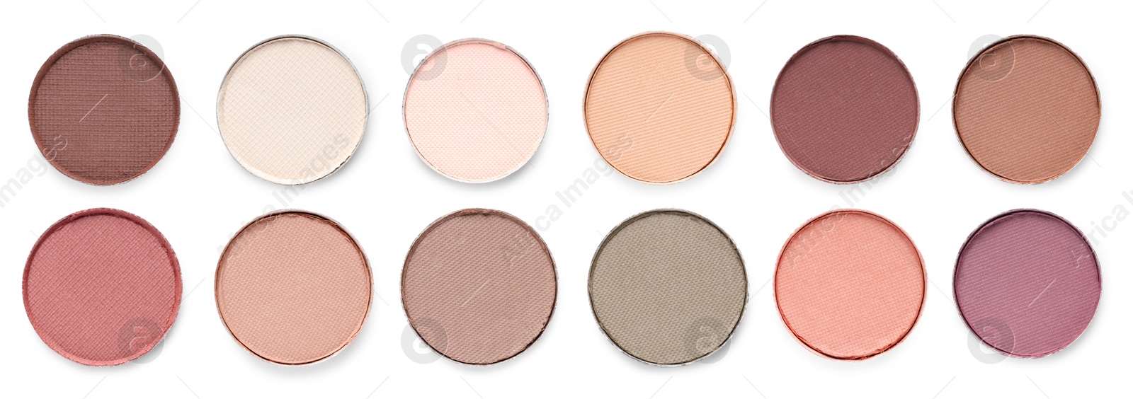 Image of Eyeshadow in different colors on white background, set. Palette of cosmetic product