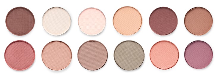 Image of Eyeshadow in different colors on white background, set. Palette of cosmetic product