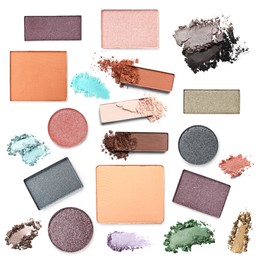 Image of Eyeshadow in different colors on white background, set. Palette of cosmetic product