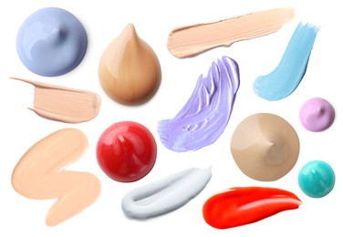 Image of Different makeup products on white background, set. Palette of cosmetics