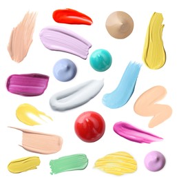 Image of Different makeup products on white background, set. Palette of cosmetics