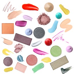 Image of Different makeup products on white background, set. Palette of cosmetics