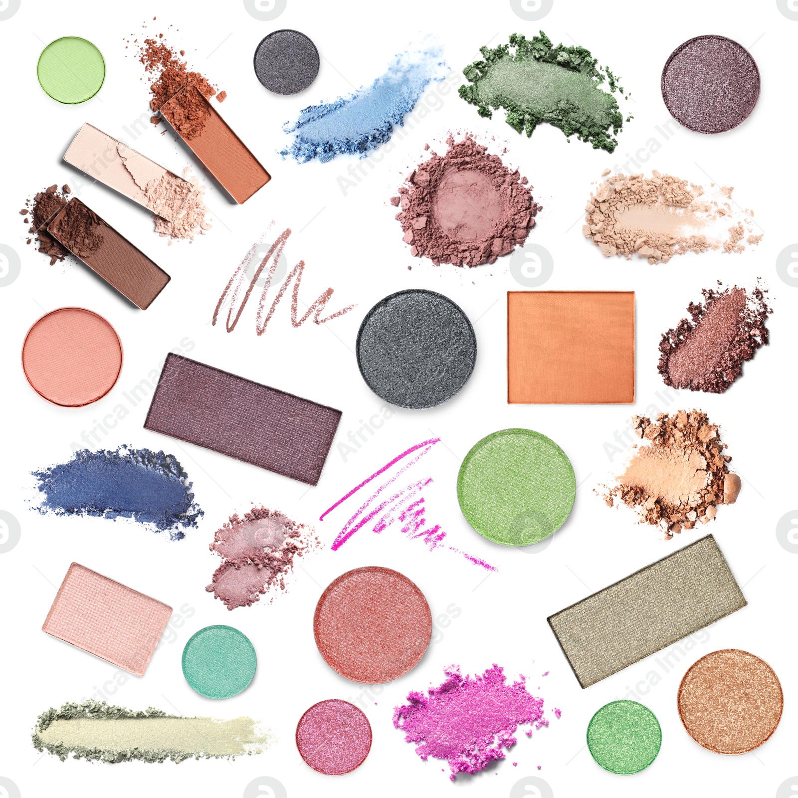 Image of Different makeup products on white background, set. Palette of cosmetics