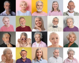 Image of Senior men and women on different colors backgrounds, collage of portraits