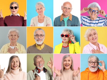 Image of Senior men and women on different colors backgrounds, collage of portraits