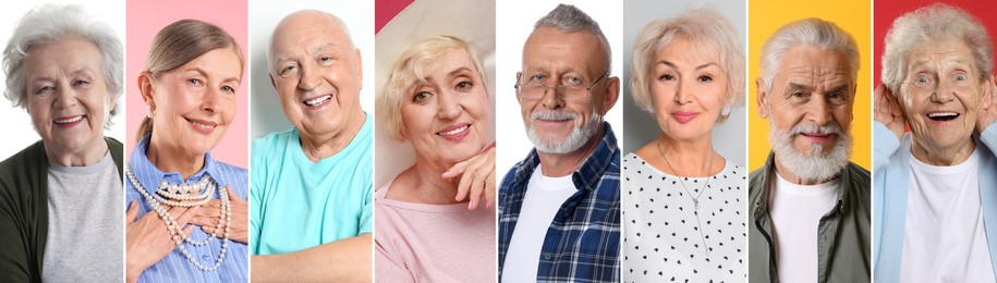 Image of Senior men and women on different colors backgrounds, collage of portraits