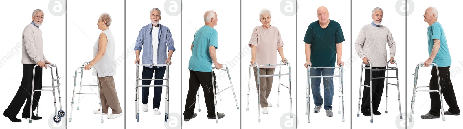 Image of Senior men and woman using walking frames on white background, collage of portraits