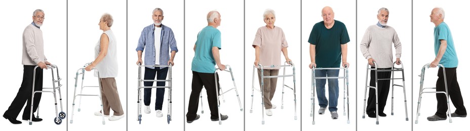 Image of Senior men and woman using walking frames on white background, collage of portraits