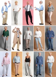 Image of Senior men and women on different colors backgrounds, collage of portraits