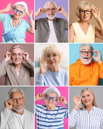 Image of Senior men and women on different colors backgrounds, collage of portraits