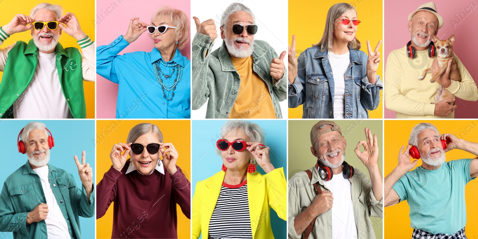 Senior men and women on different colors backgrounds, collage of portraits Image of Senior men and women on different colors backgrounds, collage of portraits