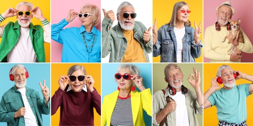 Image of Senior men and women on different colors backgrounds, collage of portraits