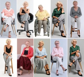 Image of Senior women on different colors backgrounds, collage of portraits