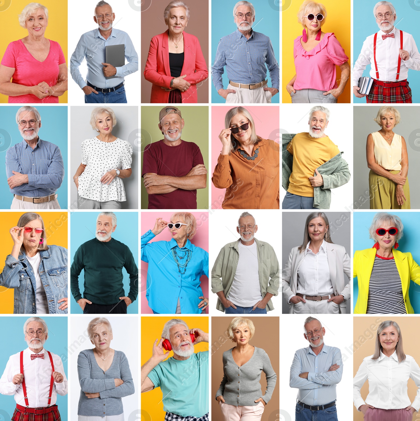 Image of Senior men and women on different colors backgrounds, collage of portraits