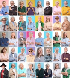 Image of Senior men and women on different colors backgrounds, collage of portraits