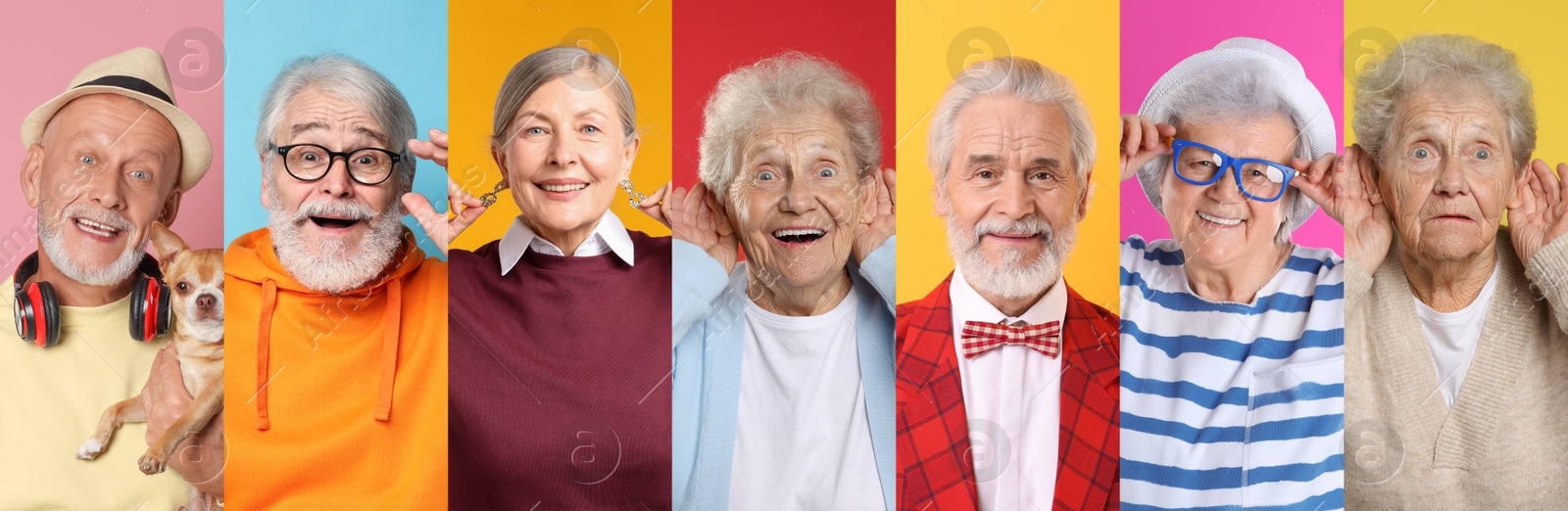 Image of Senior men and women on different colors backgrounds, collage of portraits