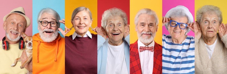 Image of Senior men and women on different colors backgrounds, collage of portraits