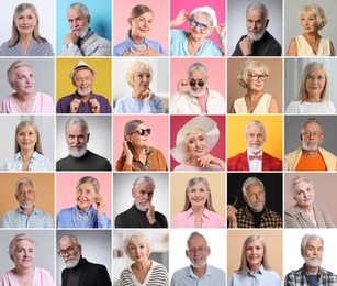 Image of Senior men and women on different colors backgrounds, collage of portraits